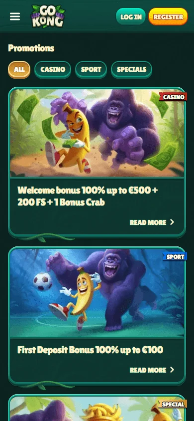 Gokong Casino mobile promotions view with welcome offers
