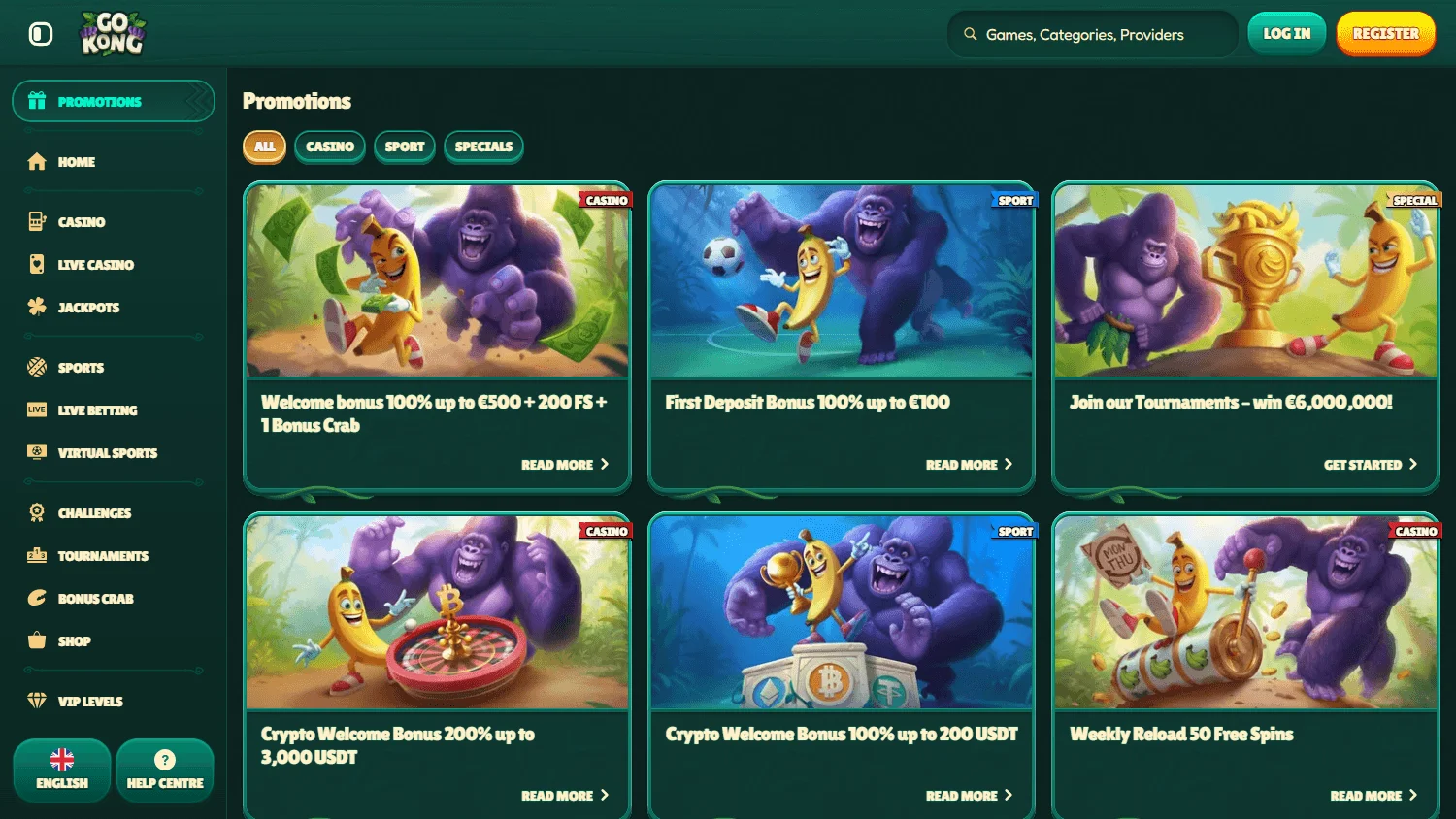 Gokong Casino desktop promotions view with casino, sports and crypto offers