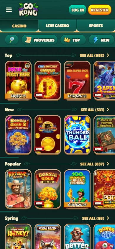 Gokong Casino mobile games view with pokies and live game categories