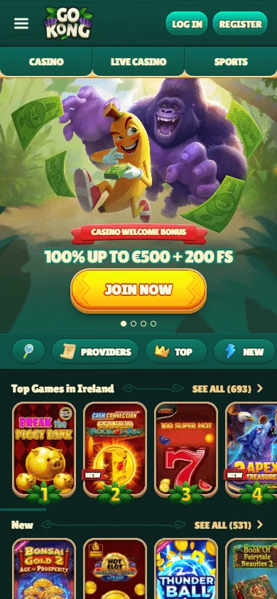 Gokong Casino mobile home view for casino and sports access