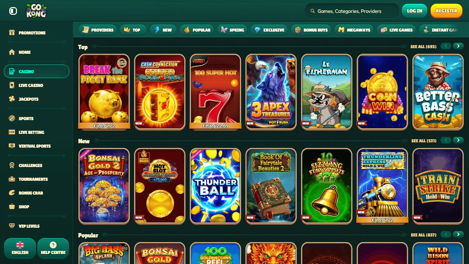 Gokong Casino desktop games view with pokies and live casino options